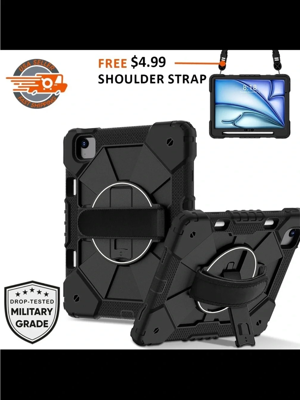 Samsung A11 Rugged Black Shockproof Tablet Case with Hand Strap & Kickstand